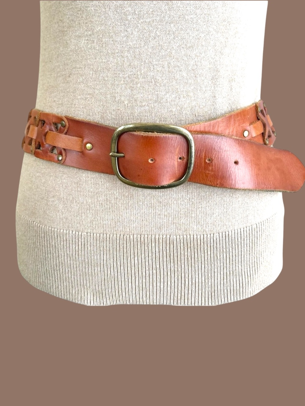 Cognac Brown Leather Wide Studded Cutout Belt Boho Western 90s Size S